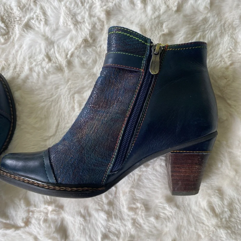 L'Artiste Spring Step Ankle Boots Women 37 Navy Leather Boho Artsy Eclectic